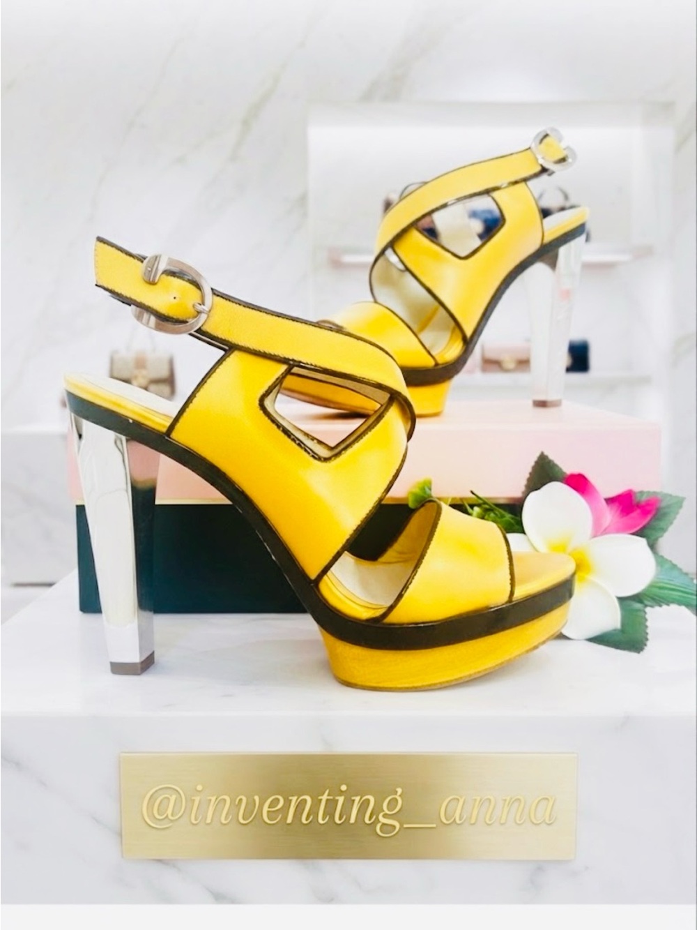 L.A.M.B. ~ Yellow 5” High Heel Platform Peep Toe Sandals with Black Trim